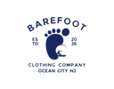Logo of Barefoot Clothing Company with a blue footprint design on a white background